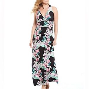 Tommy Bahama Maria Mambo Black Pink Hawaiian Floral Tropical Halter Maxi Dress